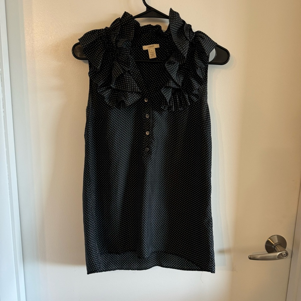 100% Silk J. Crew Black Polka Dot Ruffle Button Up Tank Top Sheer Blouse - 6